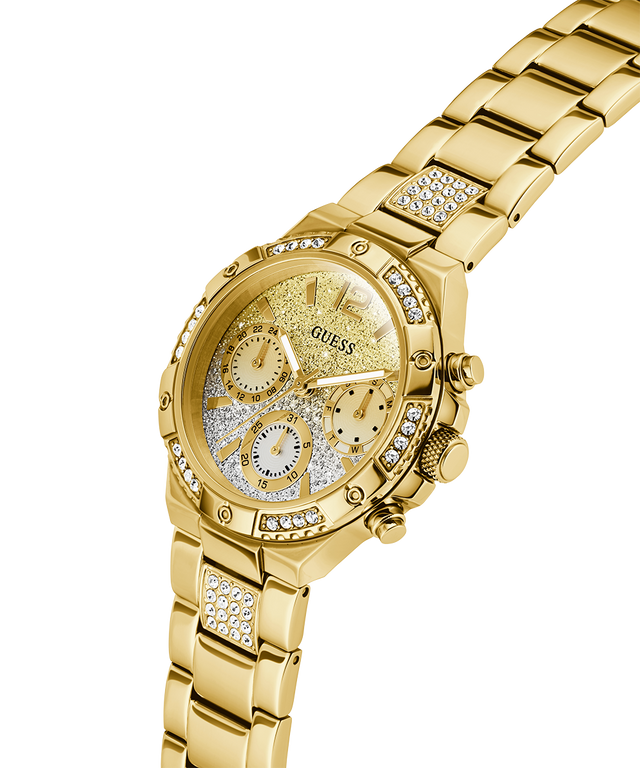 Gold watch with diamond-studded face and band on a white background lifestyle