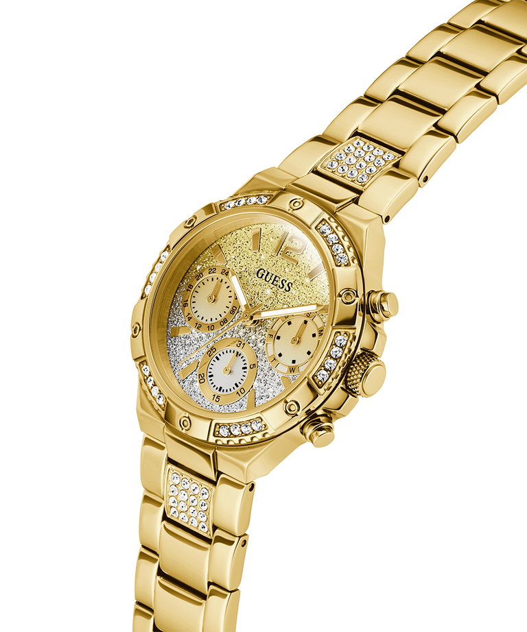 Gold watch with diamond-studded face and band on a white background lifestyle