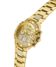Gold watch with diamond-studded face and band on a white background lifestyle