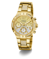 GUESS Ladies Gold Tone Multi-function Watch with diamond-studded bezel on a white background