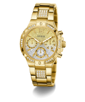 GUESS Ladies Gold Tone Multi-function Watch with diamond-studded bezel on a white background