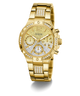 GUESS Ladies Gold Tone Multi-function Watch with diamond-studded bezel on a white background