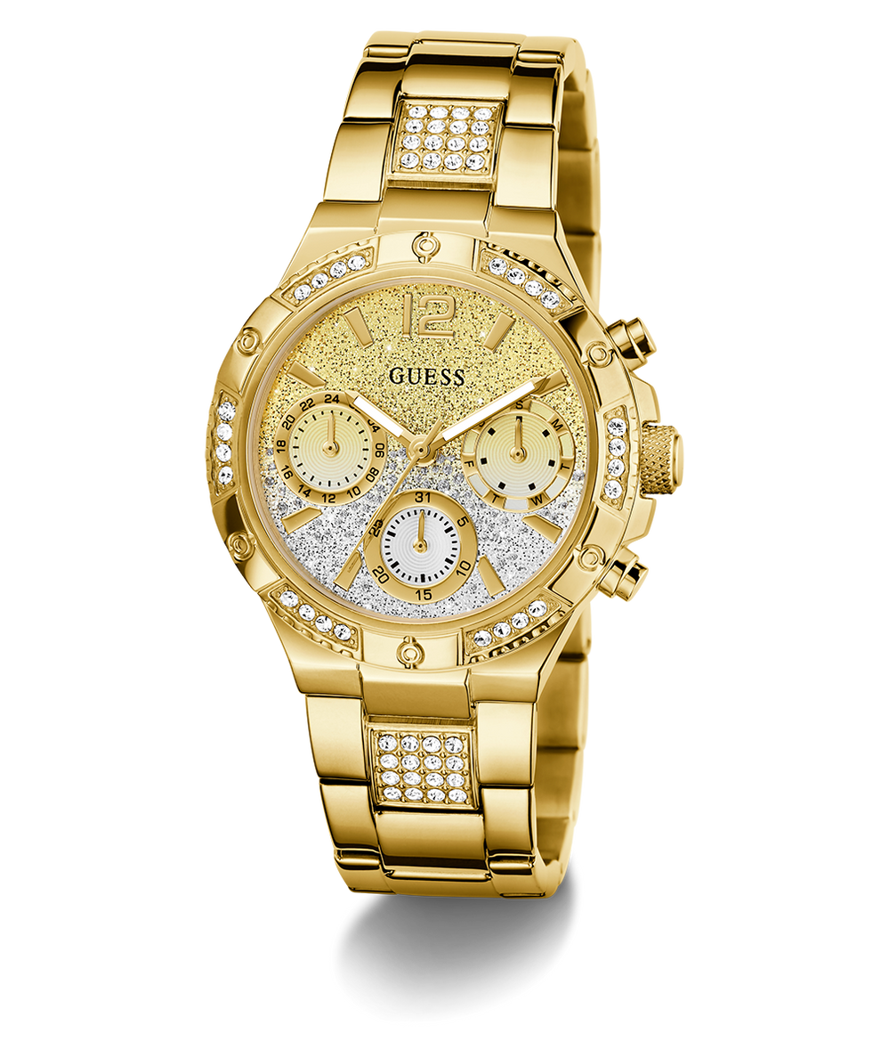 GUESS Ladies Gold Tone Multi-function Watch with diamond-studded bezel on a white background