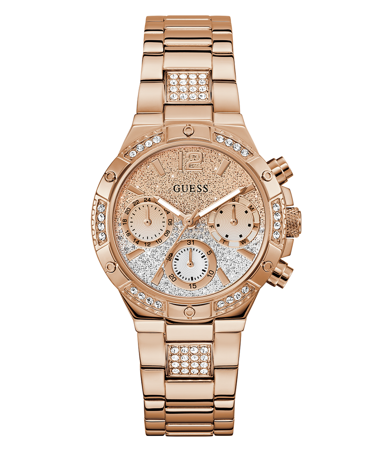 Rose gold watch with diamond accents on a white background