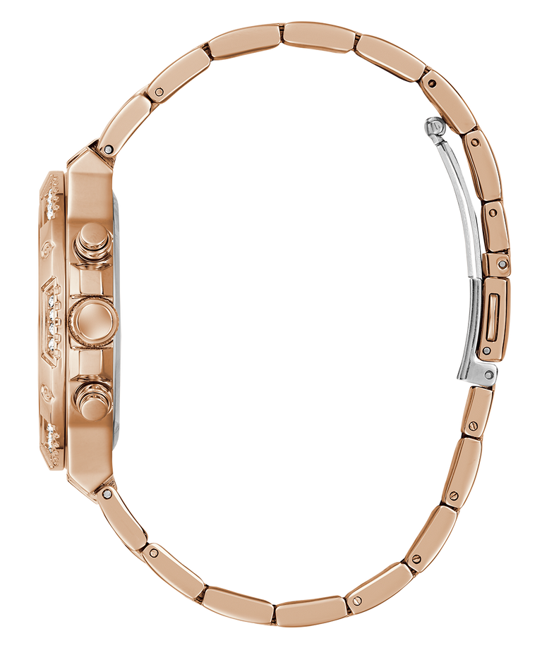 Rose gold watch with detailed design on a white background