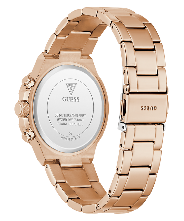 Rose gold watch with brand logo on a white background