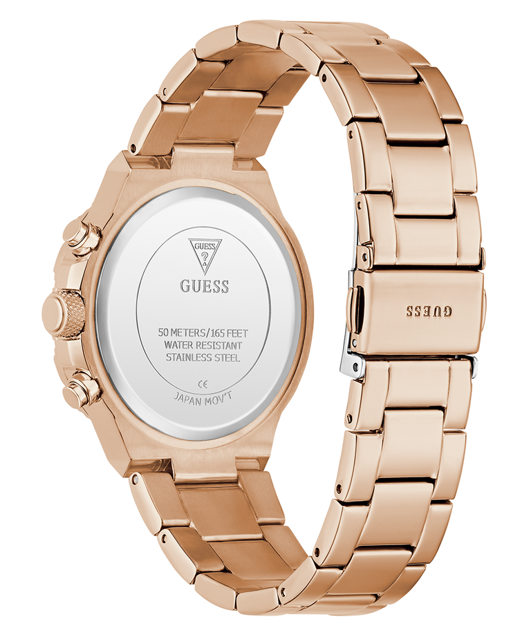 Rose gold watch with brand logo on a white background