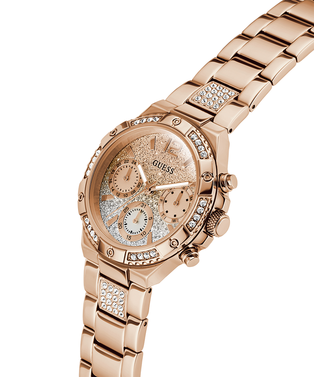 Rose gold watch with diamond-studded face on a white background lifestyle