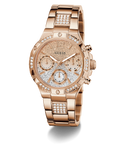 Rose gold Guess watch with diamond accents on a white background