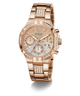 Rose gold Guess watch with diamond accents on a white background