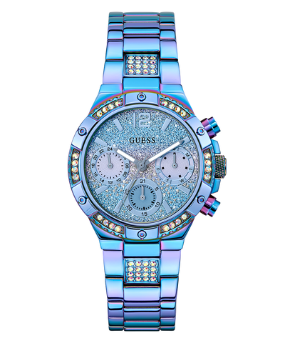 GUESS Ladies Iridescent Blue Multi-function Watch with Guess branding on a white background