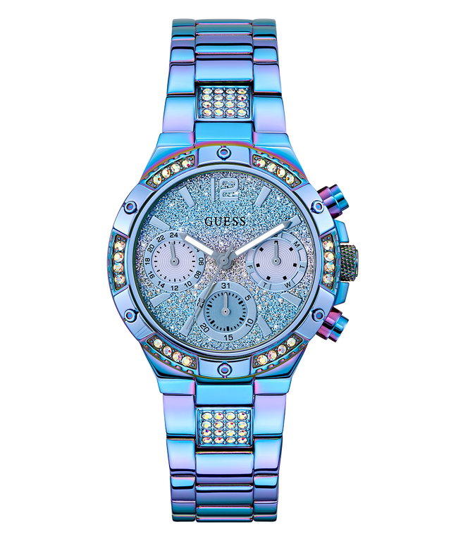 GUESS Ladies Iridescent Blue Multi-function Watch with Guess branding on a white background