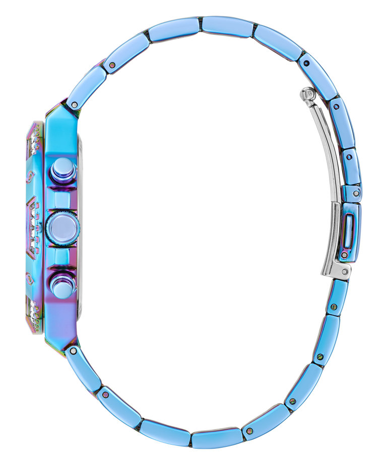 GUESS Ladies Iridescent Blue Multi-function Watch with a blue and silver band on a white background
