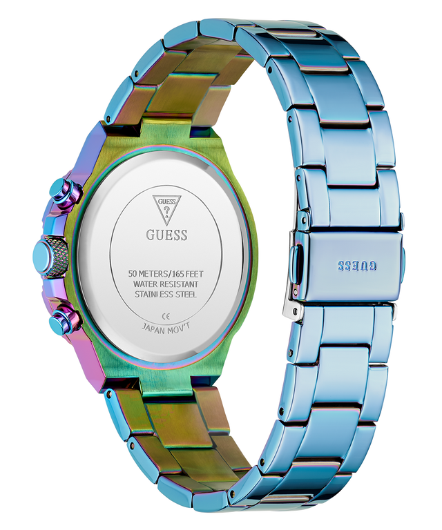 GUESS Ladies Iridescent Blue Multi-function Watch with Guess branding on a white background