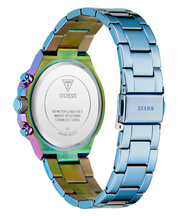 GUESS Ladies Iridescent Blue Multi-function Watch with Guess branding on a white background