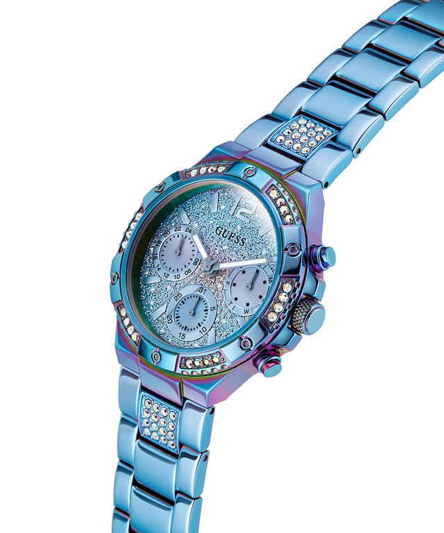 GUESS Ladies Iridescent Blue Multi-function Watch  with detailed face and sparkling accents on a white background lifestyle