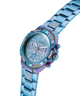 GUESS Ladies Iridescent Blue Multi-function Watch  with detailed face and sparkling accents on a white background lifestyle