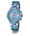 GUESS Ladies Iridescent Blue Multi-function Watch with gemstone accents on a white background