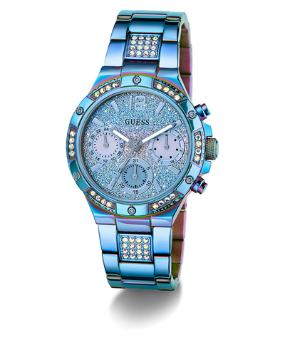 GUESS Ladies Iridescent Blue Multi-function Watch with gemstone accents on a white background