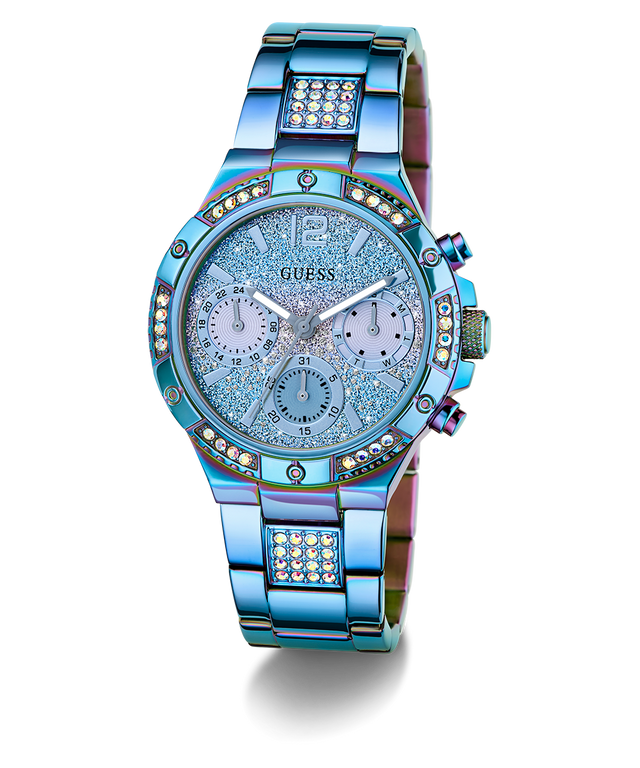 GUESS Ladies Iridescent Blue Multi-function Watch with gemstone accents on a white background