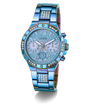 GUESS Ladies Iridescent Blue Multi-function Watch with gemstone accents on a white background