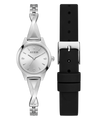 Guess watch with silver case and black strap on a white background