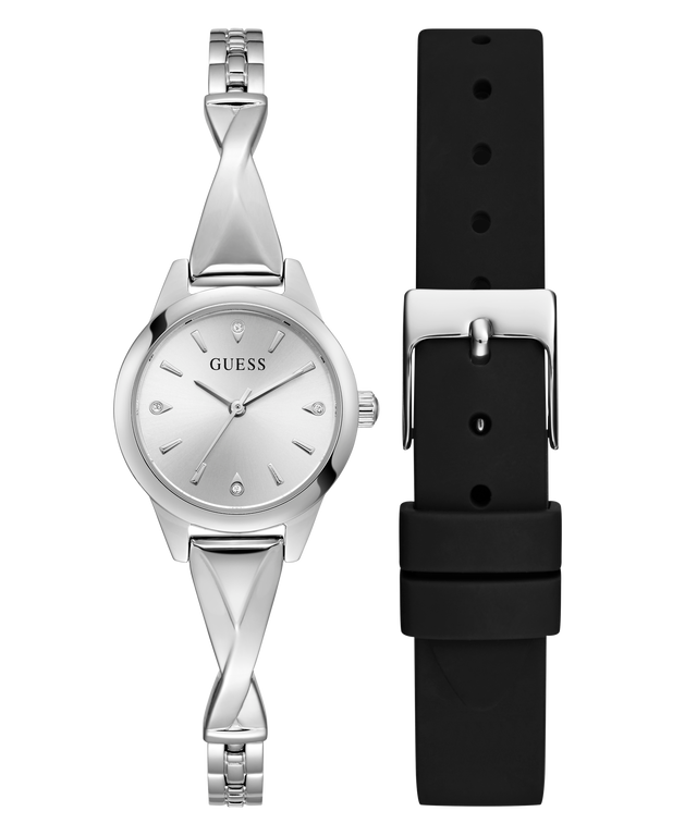 Guess watch with silver case and black strap on a white background