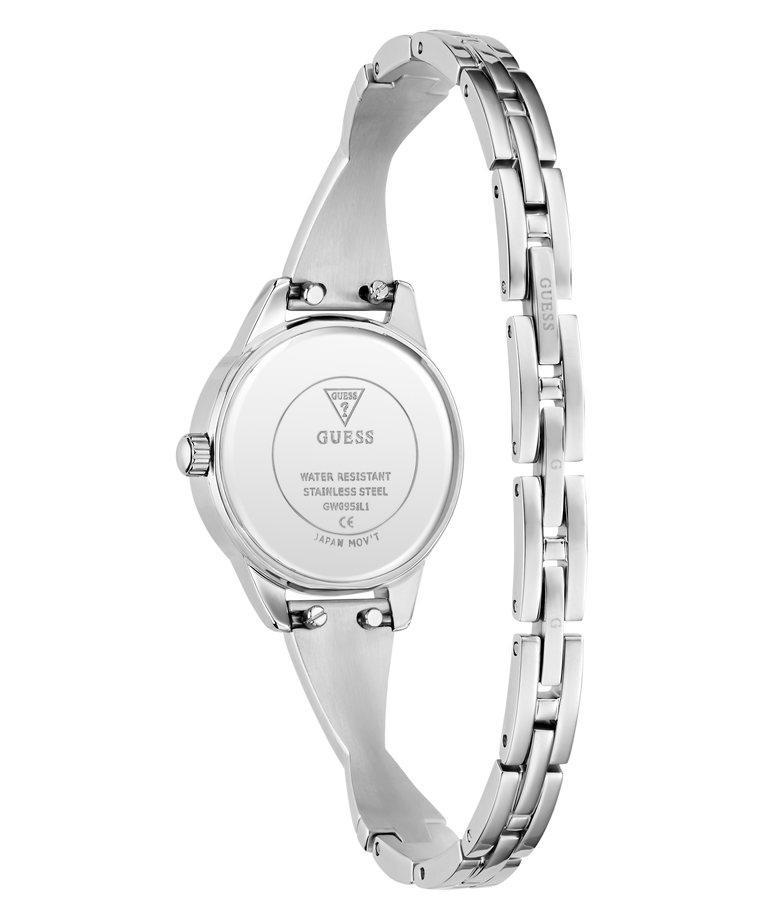 GUESS Ladies Silver Tone Analog Watch with brand logo on a white background