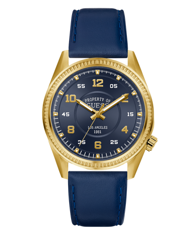 GUESS Mens Blue Gold Tone Analog Watch blue strap and gold case on a white background