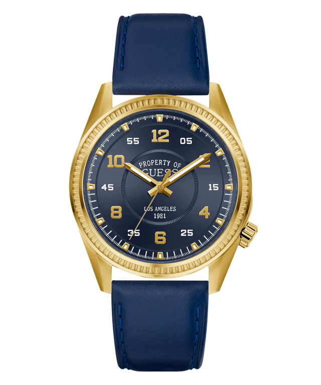GUESS Mens Blue Gold Tone Analog Watch blue strap and gold case on a white background