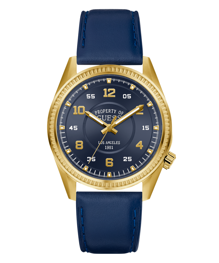 GUESS Mens Blue Gold Tone Analog Watch blue strap and gold case on a white background