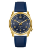 GUESS Mens Blue Gold Tone Analog Watch blue strap and gold case on a white background