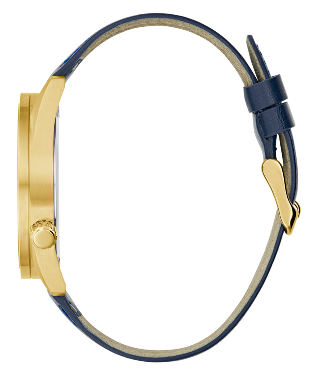 GUESS Mens Blue Gold Tone Analog Watch with navy blue strap on a white background