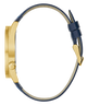 GUESS Mens Blue Gold Tone Analog Watch with navy blue strap on a white background