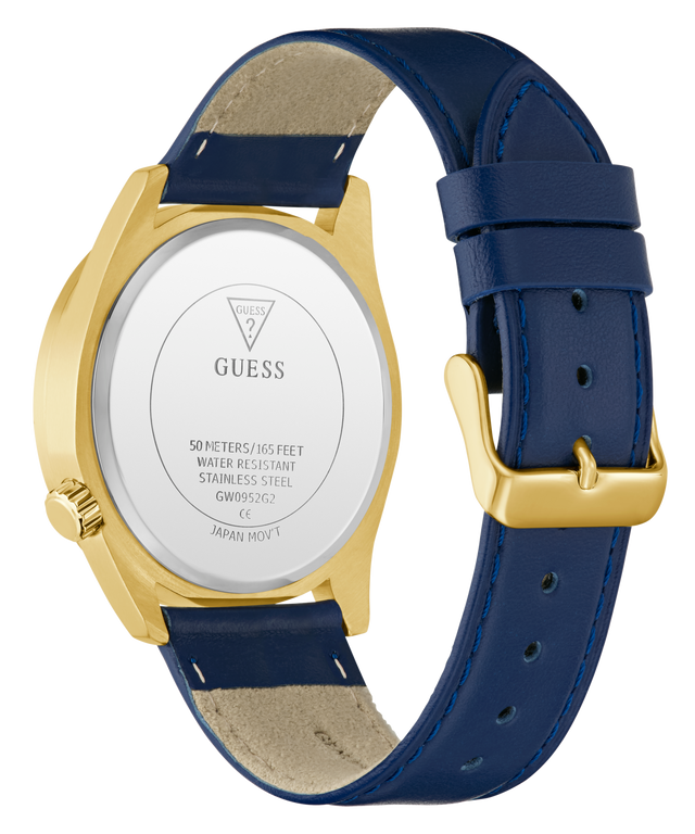 GUESS Mens Blue Gold Tone Analog Watch with blue strap and gold case on a white background