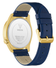 GUESS Mens Blue Gold Tone Analog Watch with blue strap and gold case on a white background