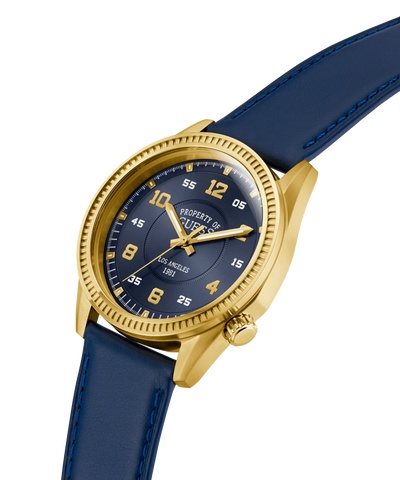 GUESS Mens Blue Gold Tone Analog Watch with blue strap and gold case on a white background lifestyle