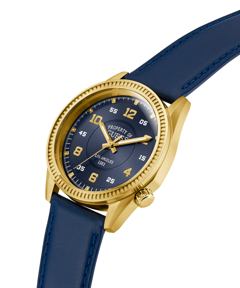 GUESS Mens Blue Gold Tone Analog Watch with blue strap and gold case on a white background lifestyle