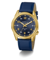 GUESS Mens Blue Gold Tone Analog Watch with blue strap and gold case on a white background