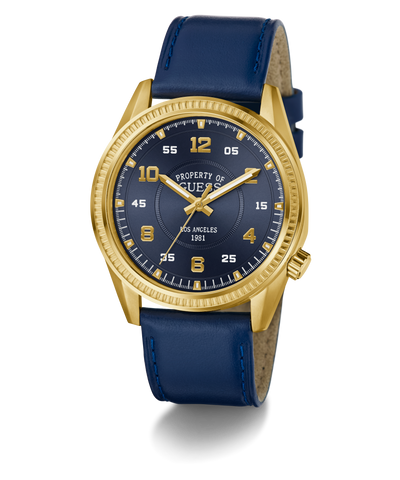 GUESS Mens Blue Gold Tone Analog Watch with blue strap and gold case on a white background