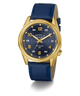 GUESS Mens Blue Gold Tone Analog Watch with blue strap and gold case on a white background