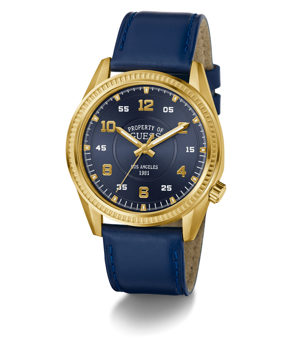 GUESS Mens Blue Gold Tone Analog Watch with blue strap and gold case on a white background