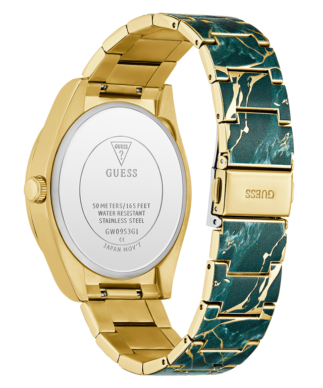 Gold and green marbled watch with visible brand name on a white background