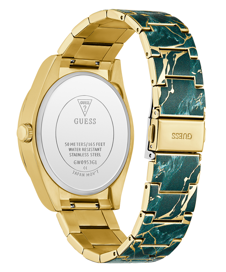 Gold and green marbled watch with visible brand name on a white background