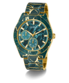 Guess watch with green marble-like face and gold accents on a white background