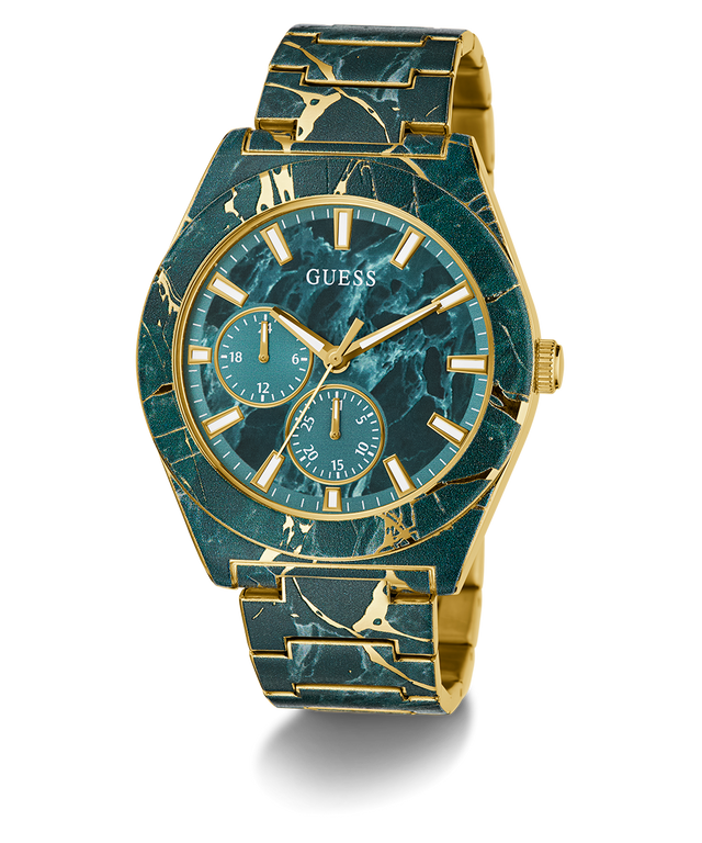 Guess watch with green marble-like face and gold accents on a white background