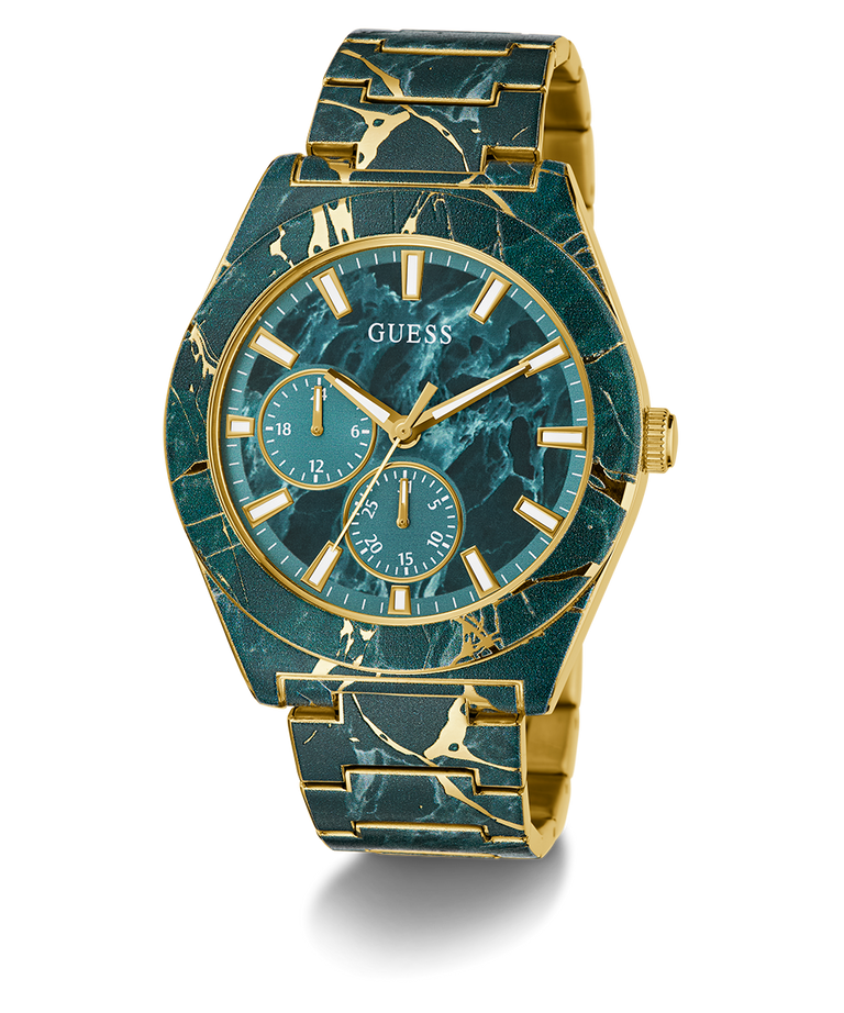 Guess watch with green marble-like face and gold accents on a white background