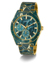 Guess watch with green marble-like face and gold accents on a white background