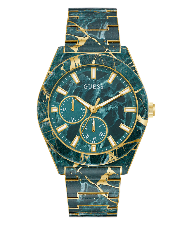 Marble-patterned watch with gold accents on a white background