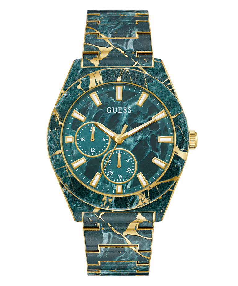 Marble-patterned watch with gold accents on a white background